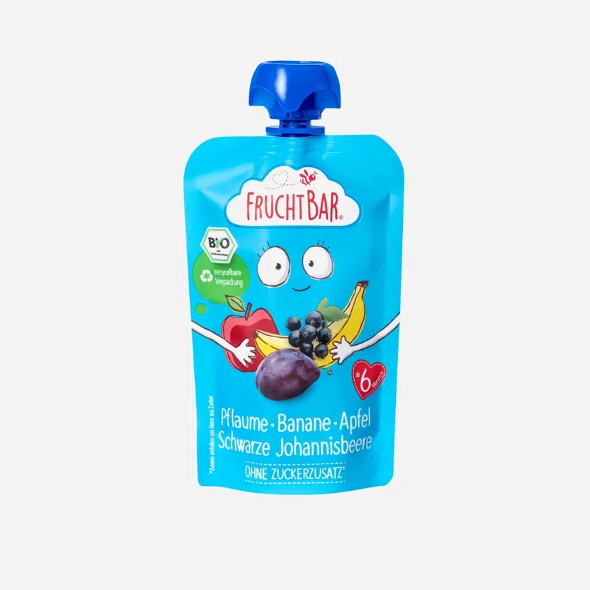 Ovocná kapsička s jablkem, banánem, švestkou a černým rybízem BIO